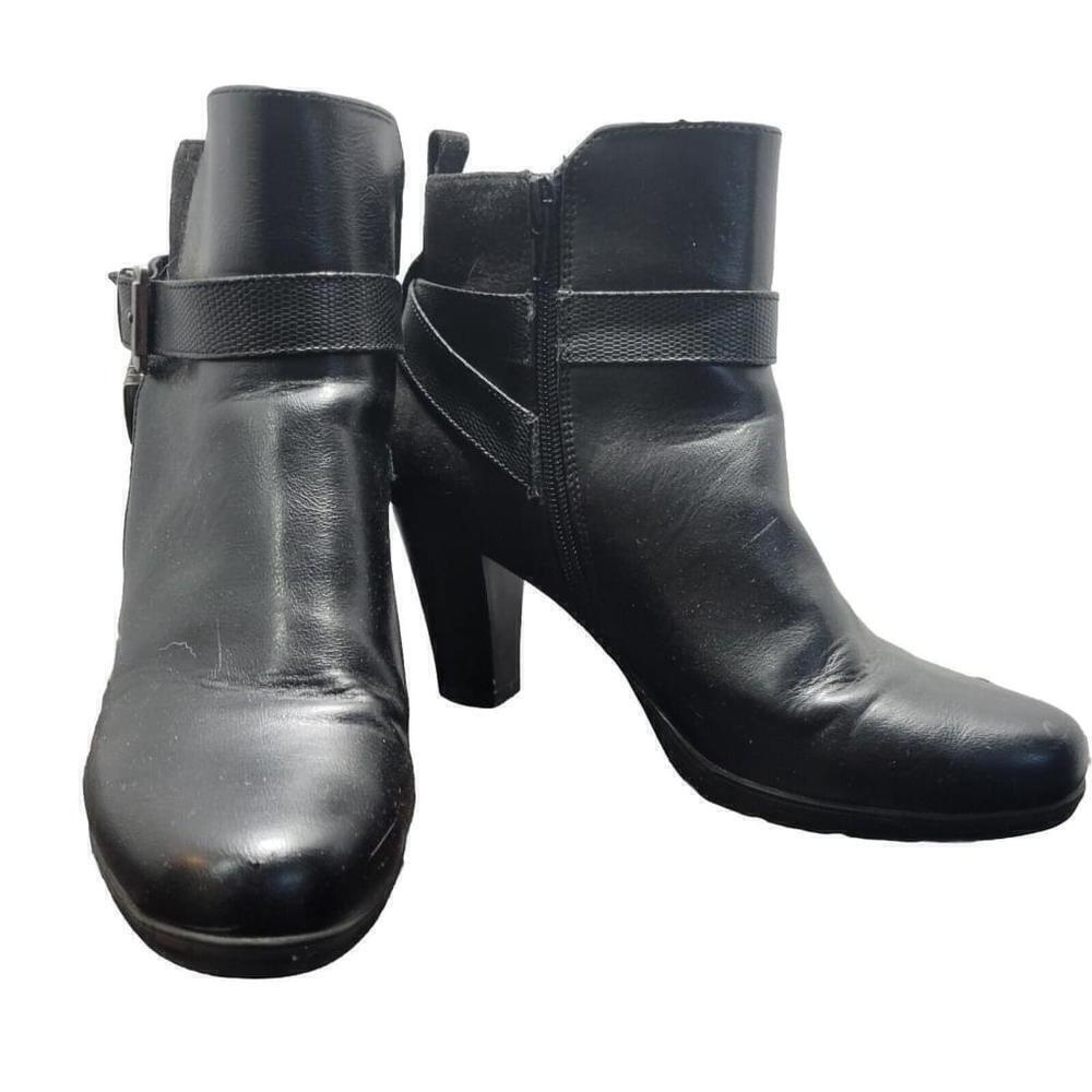 Mysoft Hi Heel Ankle Boot Black Leather Front Seude Back Buckle Size 9